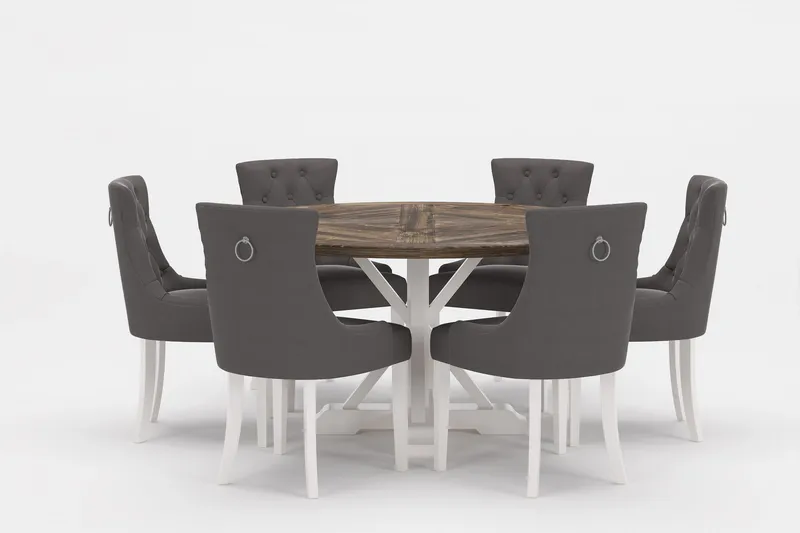 Lyon Premium Spisegruppe Rund 150 cm+6 stk Viktoria Spisesto, Grå/Brun