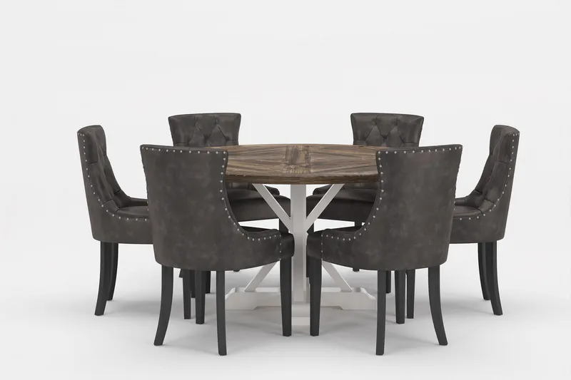 Lyon Premium Spisegruppe Rund 150 cm+6 stk Tuva Spisestoler, Grå/Brun