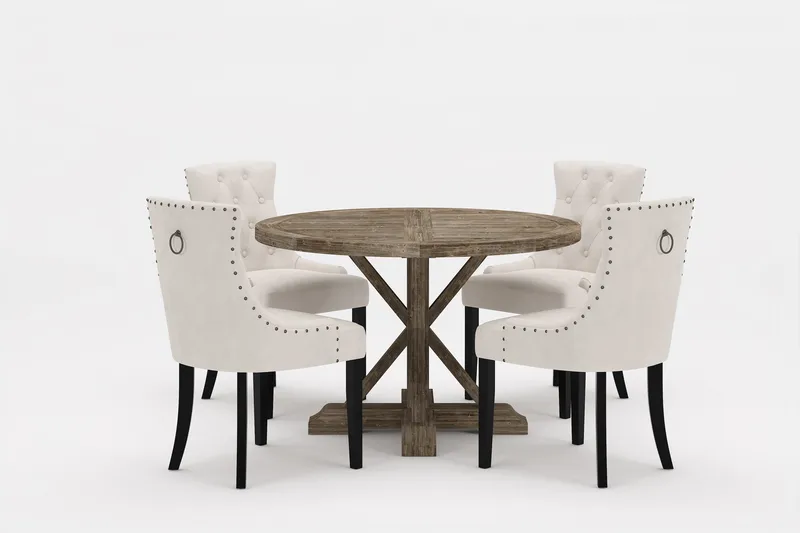 Lyon Premium Spisegruppe Rund 120 cm+4 stk Viktoria Spisesto, Hvit/Brun