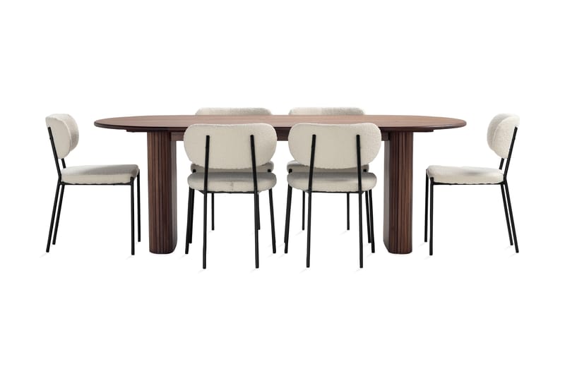 Noira Ovalt Spisebord 220 cm Valnøtt med 6 Gemmiano Spisestoler - Brun / Teddy / Tre - Møbler - Bord - Spisegrupper