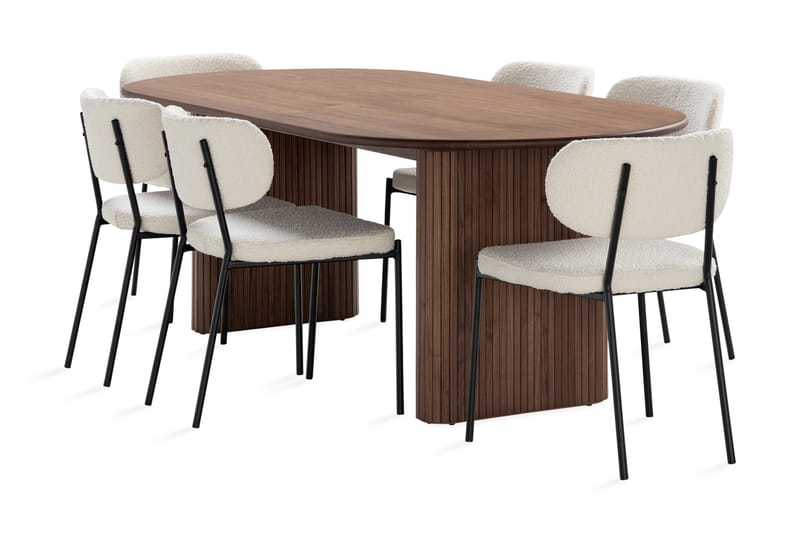 Noira Ovalt Spisebord 220 cm Valnøtt med 6 Gemmiano Spisestoler, Brun / Teddy / Tre