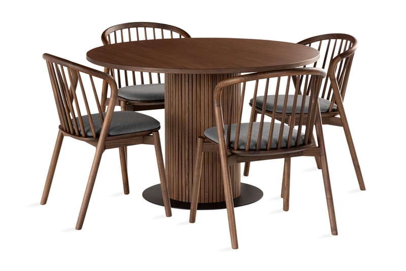 Noira Spisegruppe 120 cm Rund inkl 4 Noira Stoler - Valnøtt - Møbler - Bord - Spisegrupper