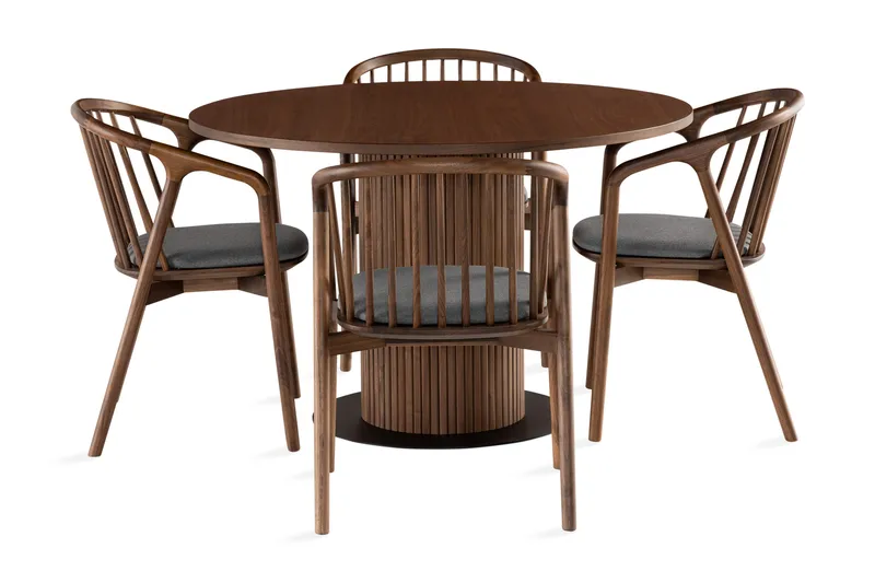 Noira Spisegruppe 120 cm Rundt Spisebord med 4 Noira Stoler - Valnøtt - Møbler - Bord - Spisegrupper