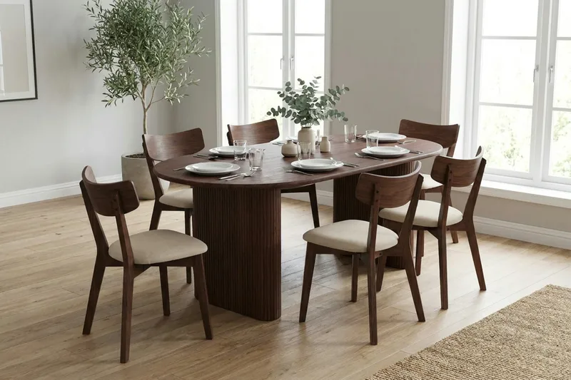 Noira spisegruppe 220 cm rektangulær i valnøtt med 6 Amelia spisestoler med pute - Valnøtt/Beige - Møbler - Bord - Spisegrupper