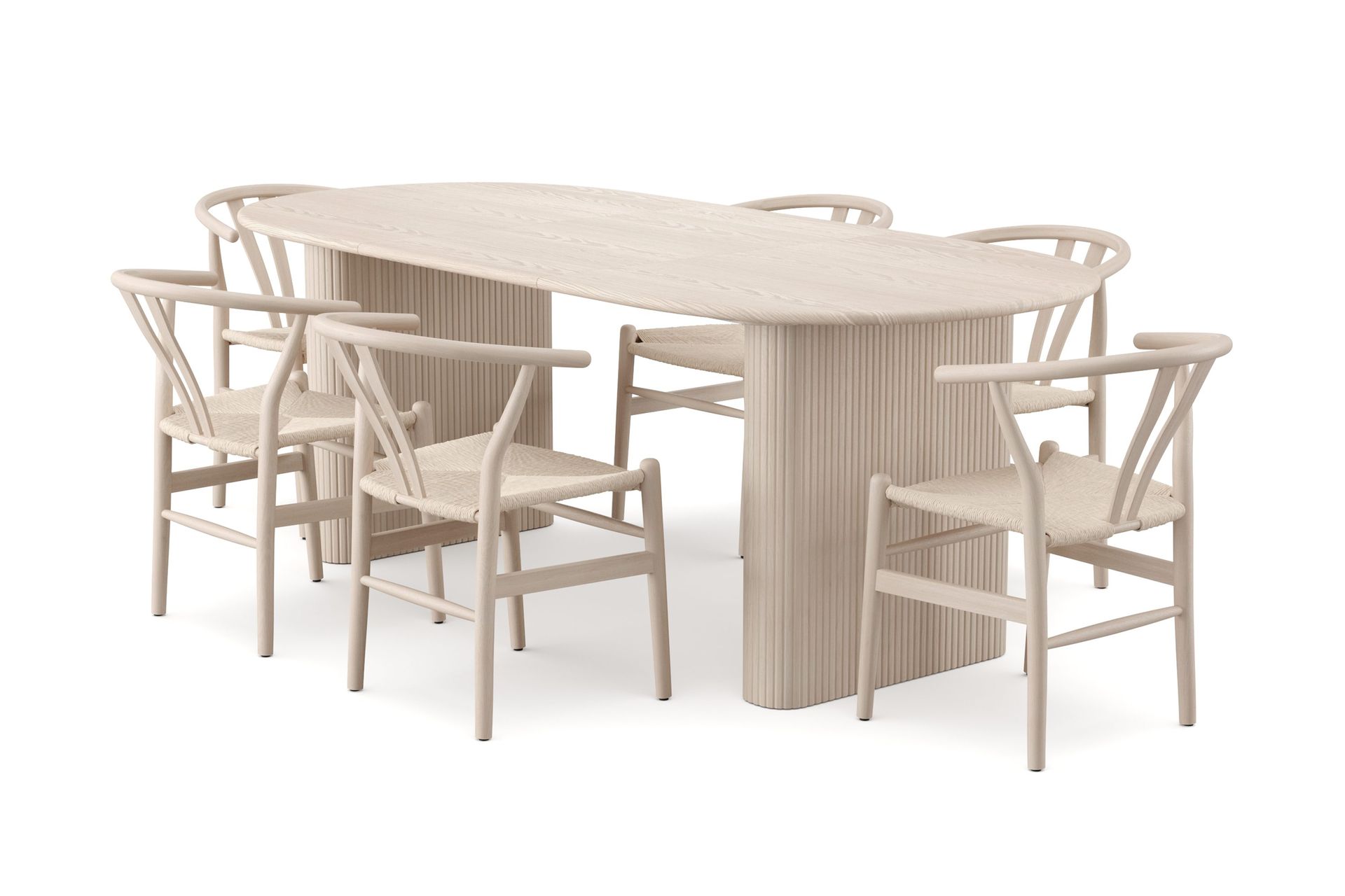 Noira spisegruppe uttrekkbar 160–220 cm hvitlasert med 6 Dastoori spisestoler - Hvitlasert