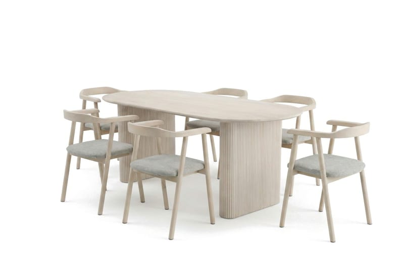 Noira spisegruppe uttrekkbar 160–220 cm hvitlasert med 6 Jolie spisestoler - Møbler - Bord - Spisegrupper