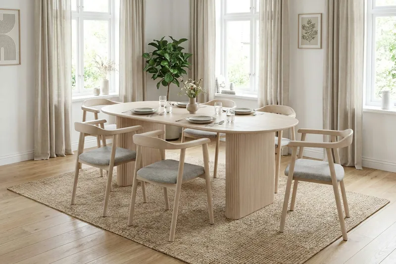 Noira spisegruppe uttrekkbar 160–220 cm hvitlasert med 6 Jolie spisestoler - Møbler - Bord - Spisegrupper