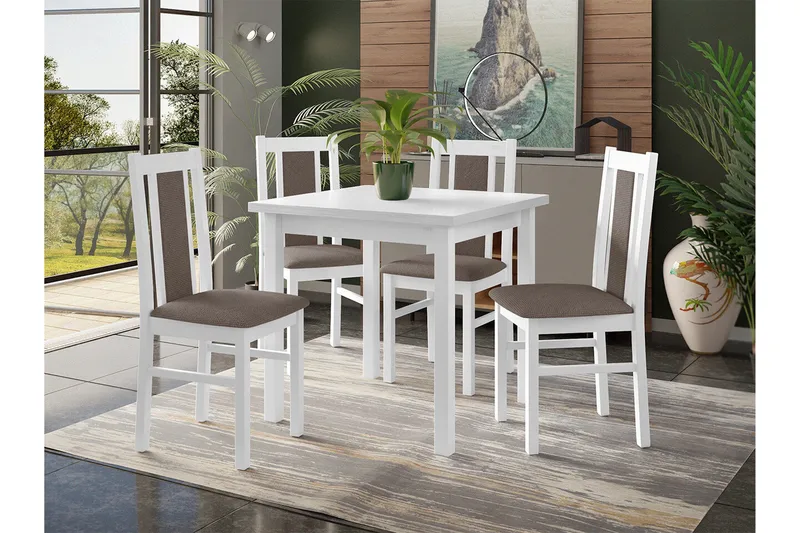 Patrickswell kvadratisk spisegruppe 80x80 cm – Spisebord med 4 spisestoler i tre med polstret rygg - Hvit|Gråbrun - Møbler - Bord - Spisegrupper