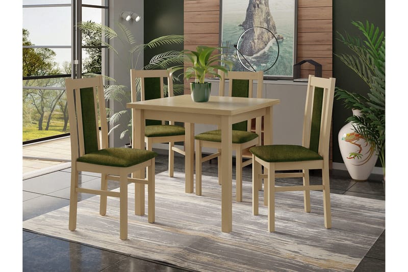Patrickswell kvadratisk spisegruppe 80x80 cm – Spisebord med 4 spisestoler i tre med polstret rygg - Natur|Olivengrønn - Møbler - Bord - Spisegrupper
