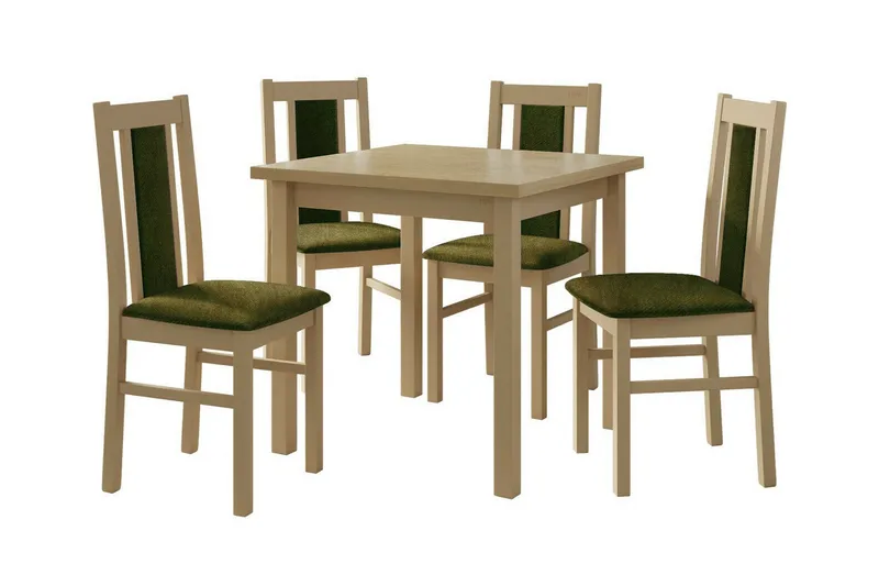 Patrickswell kvadratisk spisegruppe 80x80 cm – Spisebord med 4 spisestoler i tre med polstret rygg, Natur|Olivengrønn