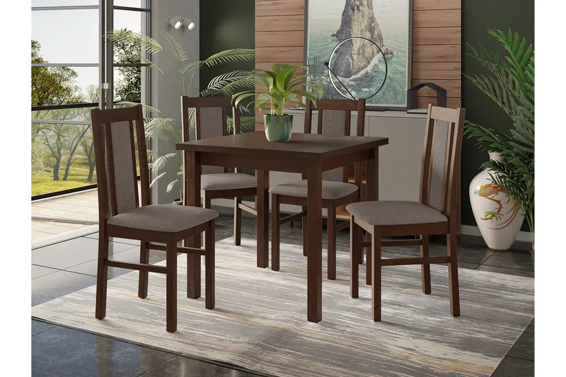 Patrickswell kvadratisk spisegruppe 80x80 cm – Spisebord med 4 spisestoler i tre med polstret rygg - Mørkebrun|Gråbrun - Møbler - Bord - Spisegrupper