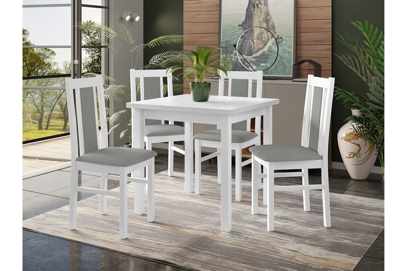 Patrickswell kvadratisk spisegruppe 80x80 cm – Spisebord med 4 spisestoler i tre med polstret rygg - Hvit|Grå - Møbler - Bord - Spisegrupper