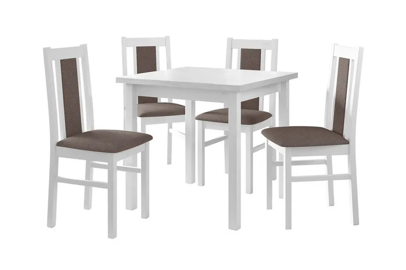 Patrickswell kvadratisk spisegruppe 80x80 cm – Spisebord med 4 spisestoler i tre med polstret rygg, Hvit|Gråbrun