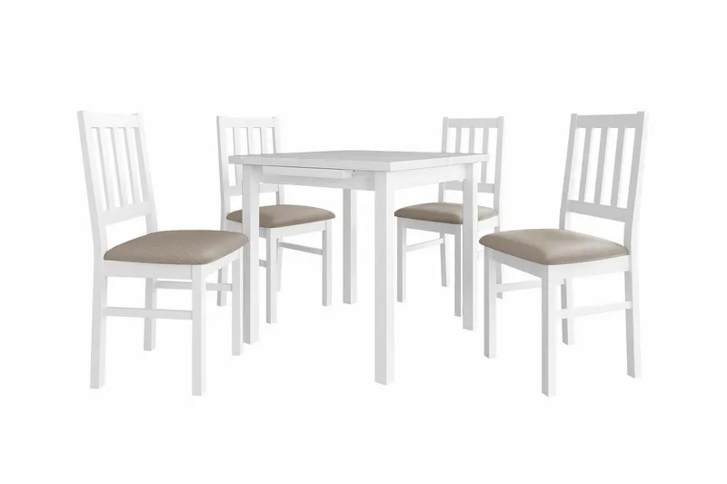 Patrickswell kvadratisk uttrekkbar spisegruppe 80–110 cm – Spisebord med 4 spisestoler i tre med spilerygg, Hvit|Beige