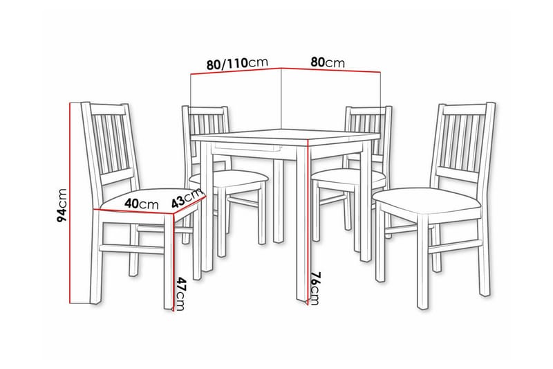 Patrickswell kvadratisk uttrekkbar spisegruppe 80–110 cm – Spisebord med 4 spisestoler i tre med spilerygg - Hvit|Beige - Møbler - Bord - Spisegrupper