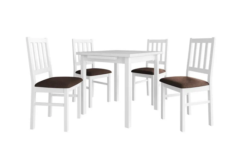 Patrickswell kvadratisk uttrekkbar spisegruppe 80–110 cm – Spisebord med 4 spisestoler i tre med spilerygg, Hvit|Brun