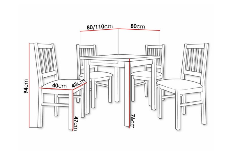 Patrickswell kvadratisk uttrekkbar spisegruppe 80–110 cm – Spisebord med 4 spisestoler i tre med spilerygg - Hvit|Svart - Møbler - Bord - Spisegrupper