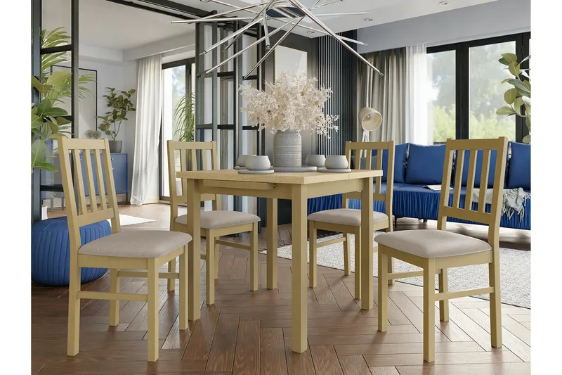 Patrickswell kvadratisk uttrekkbar spisegruppe 80–110 cm – Spisebord med 4 spisestoler i tre med spilerygg - Natur|Beige - Møbler - Bord - Spisegrupper