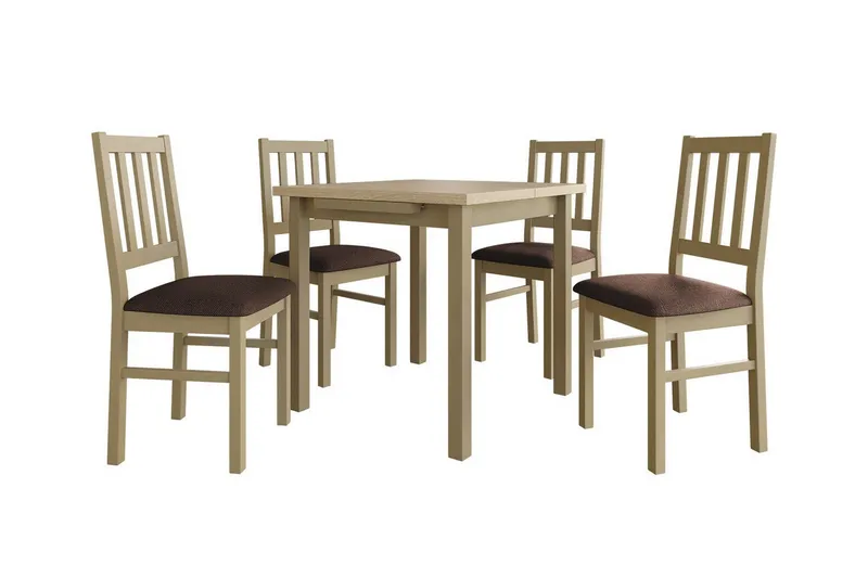 Patrickswell kvadratisk uttrekkbar spisegruppe 80–110 cm – Spisebord med 4 spisestoler i tre med spilerygg, Natur|Brun