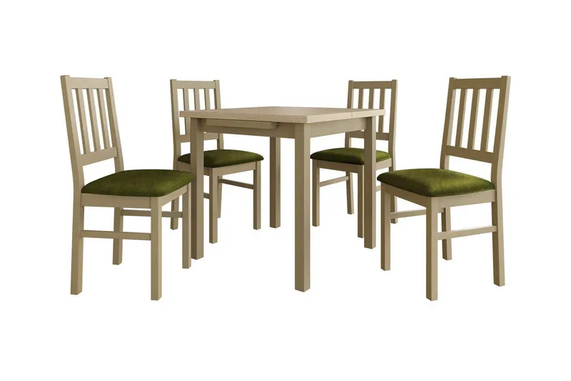 Patrickswell kvadratisk uttrekkbar spisegruppe 80–110 cm – Spisebord med 4 spisestoler i tre med spilerygg, Natur|Olivengrønn