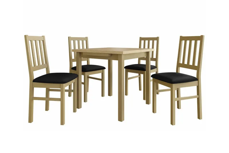 Patrickswell kvadratisk uttrekkbar spisegruppe 80–110 cm – Spisebord med 4 spisestoler i tre med spilerygg, Natur|Svart