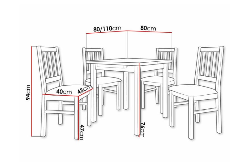 Patrickswell kvadratisk uttrekkbar spisegruppe 80–110 cm – Spisebord med 4 spisestoler i tre med spilerygg - Natur|Svart - Møbler - Bord - Spisegrupper