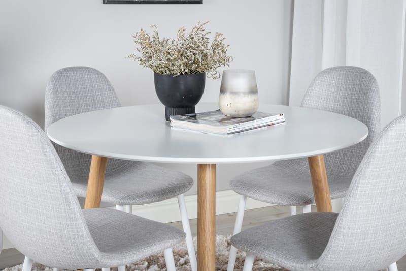 Pelle Spisegruppe 100 cm Rund inkl. 4 Ypas Stoler - Hvit/Natur/Grå - Møbler - Bord - Spisegrupper