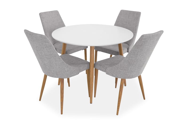 Pelle Spisegruppe 100 cm Rund med 4 Ludvig Stol - Hvit/Eik/Lysegrå - Møbler - Bord - Spisegrupper