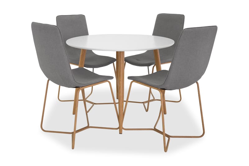 Pelle Spisegruppe 100 cm Rund med 4 Thella Stol - Hvit/Eik/Grå - Møbler - Bord - Spisegrupper