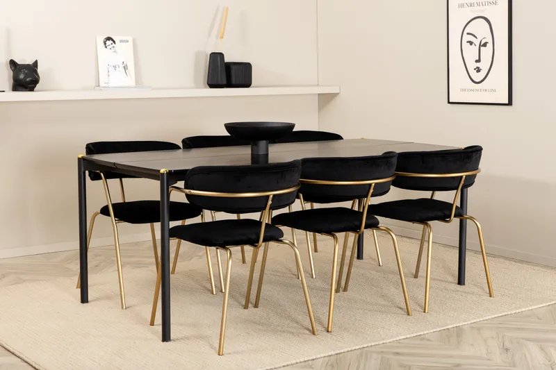 Pelle Spisegruppe 190 cm inkl. 6 Arcarazo Karmstoler, Svart/Messing