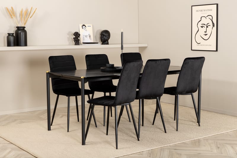 Pelle Spisegruppe 190 cm inkl. 6 Robin Stoler, Svart