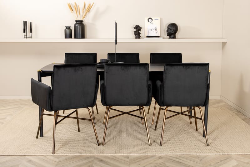 Pelle Spisegruppe 190 cm inkl. 6 Pipi Stoler, Svart/Kobber