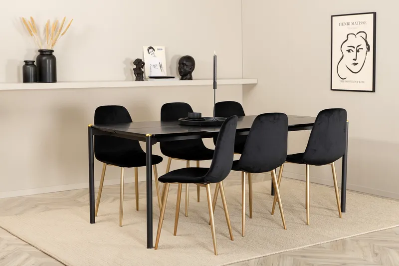 Pelle Spisegruppe 190 cm inkl. 6 Pontus Fløyelsstoler, Svart/Messing