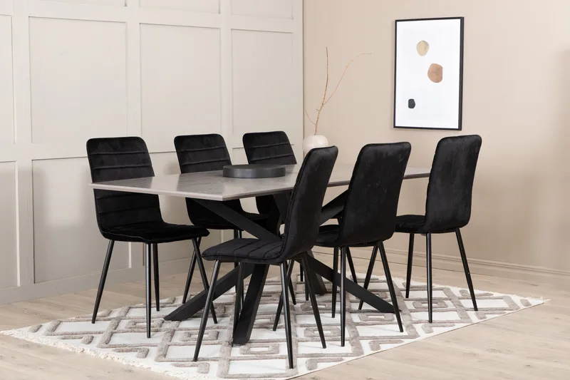 Penny Spisegruppe 190 cm inkl. 6 Robin Fløyelsstoler, Grå/Svart