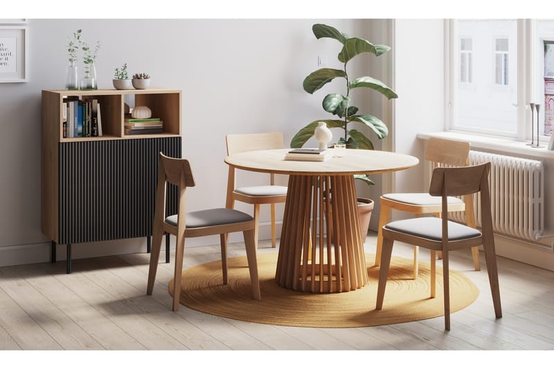 Peyra Spisebord 120 cm Rundt Ek med 4 st Edena Spisestoler - Natur - Møbler - Bord - Spisegrupper