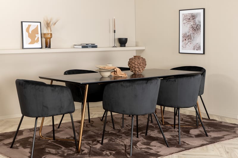 Pipi Spisegruppe 190 cm inkl. 6 Berita Stoler - Svart/Kobber - Møbler - Bord - Spisegrupper