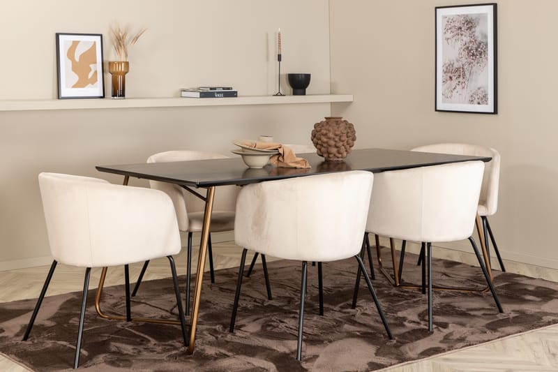 Pipi Spisegruppe 190 cm inkl. 6 Berita Stoler - Svart/Kobber/Beige - Møbler - Bord - Spisegrupper