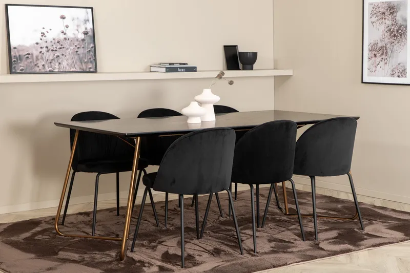 Pipi Spisegruppe 190 cm inkl. 6 Foyos Stoler, Svart/Kobber