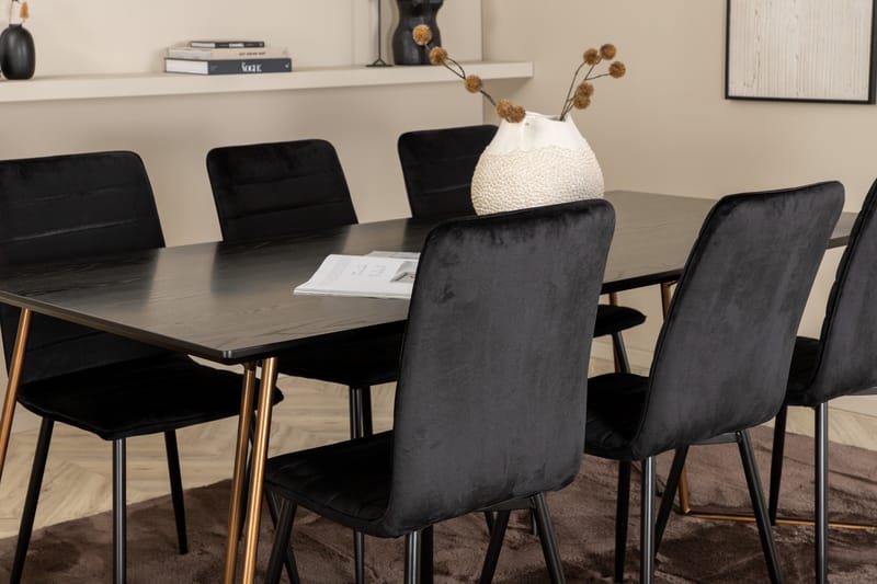 Pipi Spisegruppe 190 cm inkl. 6 Robin Fløyelsstoler - Svart/Kobber - Møbler - Bord - Spisegrupper