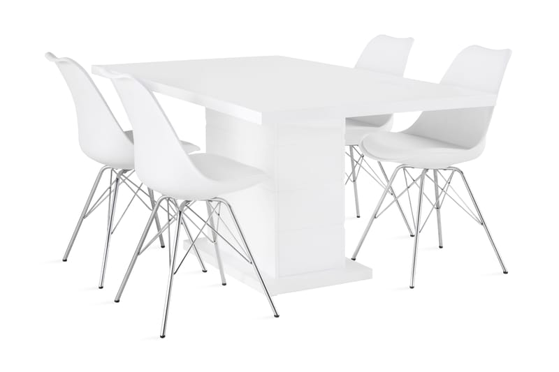 Ratliff Forlengningsbar Spisegruppe 160 cm med 4 Shell Stol - Hvit/Hvit PU/Krom - Møbler - Bord - Spisegrupper