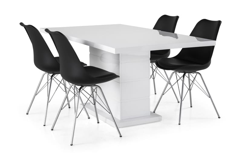 Ratliff Forlengningsbar Spisegruppe 160 cm med 4 Shell Stol - Hvit/Svart PU/Krom - Møbler - Bord - Spisegrupper