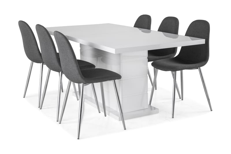 Ratliff Forlengningsbar Spisegruppe 180 cm med 6 Nibe Stol - Hvit/Grå/Krom - Møbler - Bord - Spisegrupper