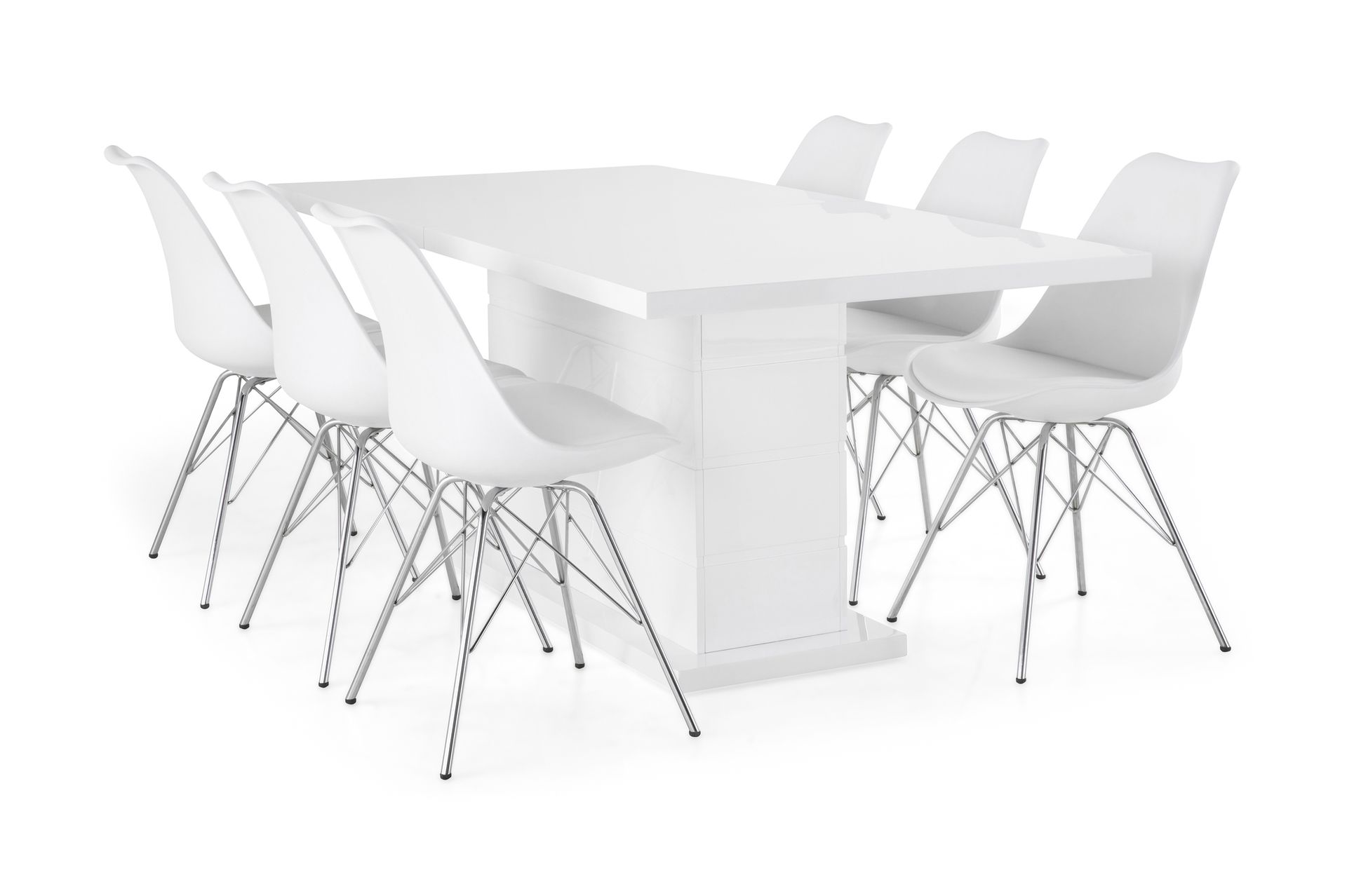 Ratliff Forlengningsbar Spisegruppe 180 cm med 6 Shell Stol - Hvit/Hvit PU/Krom - Møbler - Bord - Spisegrupper