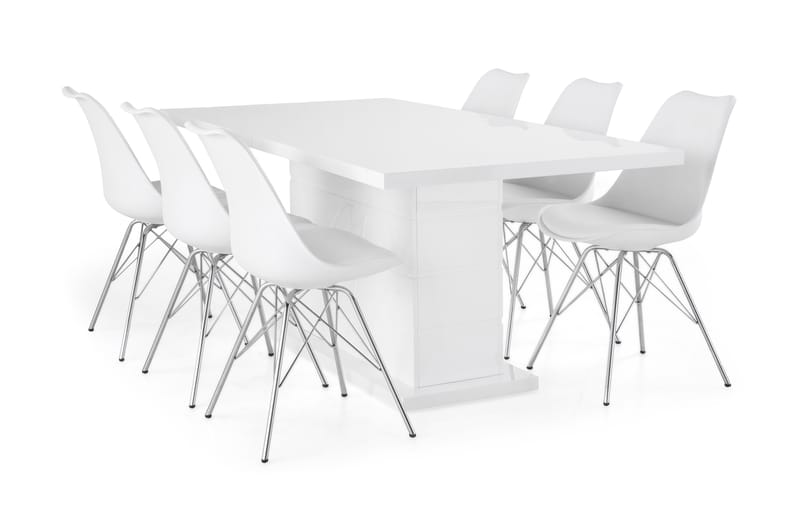 Ratliff Forlengningsbar Spisegruppe 180 cm med 6 Shell Stol - Hvit/Hvit PU/Krom - Møbler - Bord - Spisegrupper