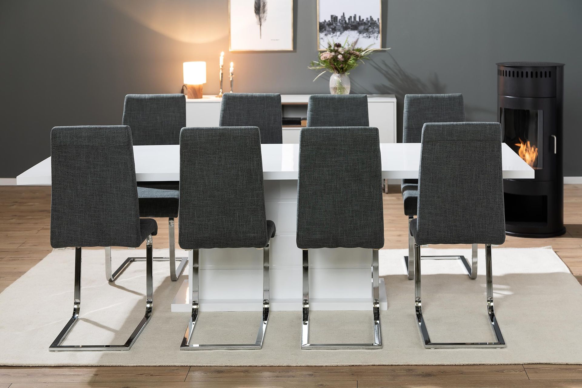 Ratliff Forlengningsbar Spisegruppe 200 cm med 8 Cibus Stole - Hvit/Grå/Krom - Møbler - Bord - Spisegrupper
