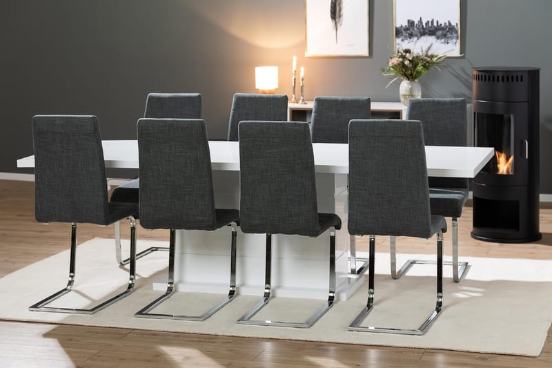 Ratliff Forlengningsbar Spisegruppe 200 cm med 8 Cibus Stole - Hvit/Grå/Krom - Møbler - Bord - Spisegrupper