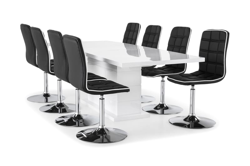 Ratliff Forlengningsbar Spisegruppe 200 cm med 8 Frida Stole - Hvit/Svart PU/Krom - Møbler - Bord - Spisegrupper