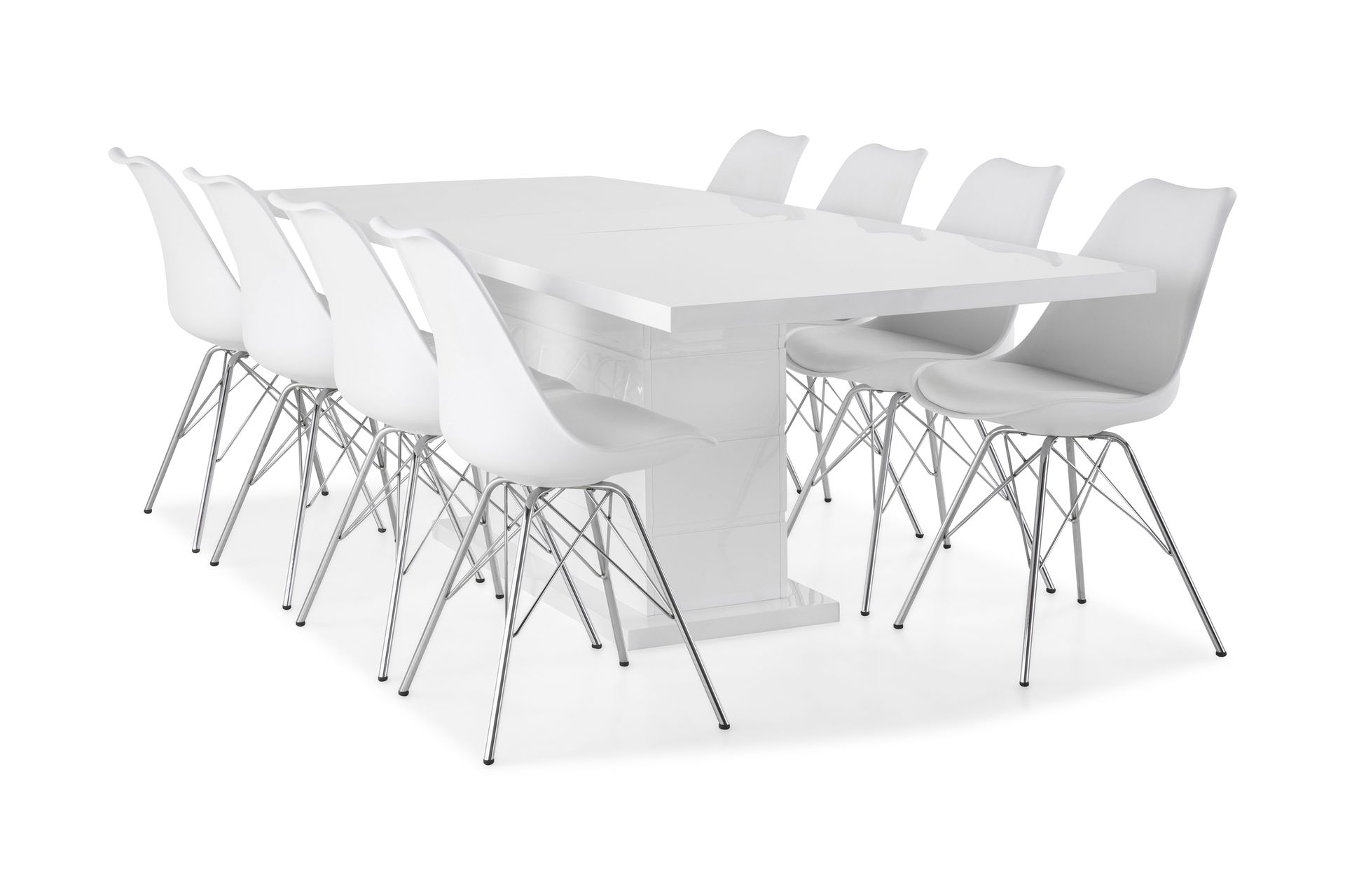 Ratliff Forlengningsbar Spisegruppe 200 cm med 8 Shell Stol - Hvit/Hvit PU/Krom - Møbler - Bord - Spisegrupper