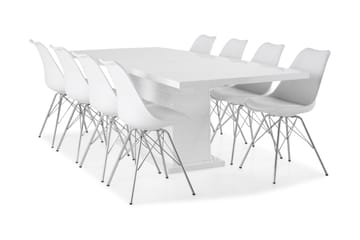 Ratliff Forlengningsbar Spisegruppe 200 cm med 8 Shell Stol - Hvit/Hvit PU/Krom - Møbler - Bord - Spisegrupper