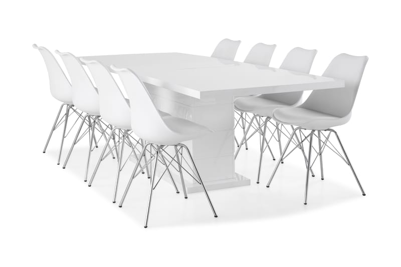 Ratliff Forlengningsbar Spisegruppe 200 cm med 8 Shell Stol - Hvit/Hvit PU/Krom - Møbler - Bord - Spisegrupper